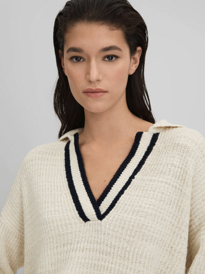 Wool Blend Open Collar Jumper in Cream/Navy Women | Reiss