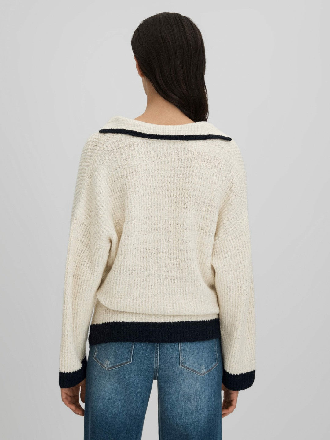 Wool Blend Open Collar Jumper in Cream/Navy Women | Reiss