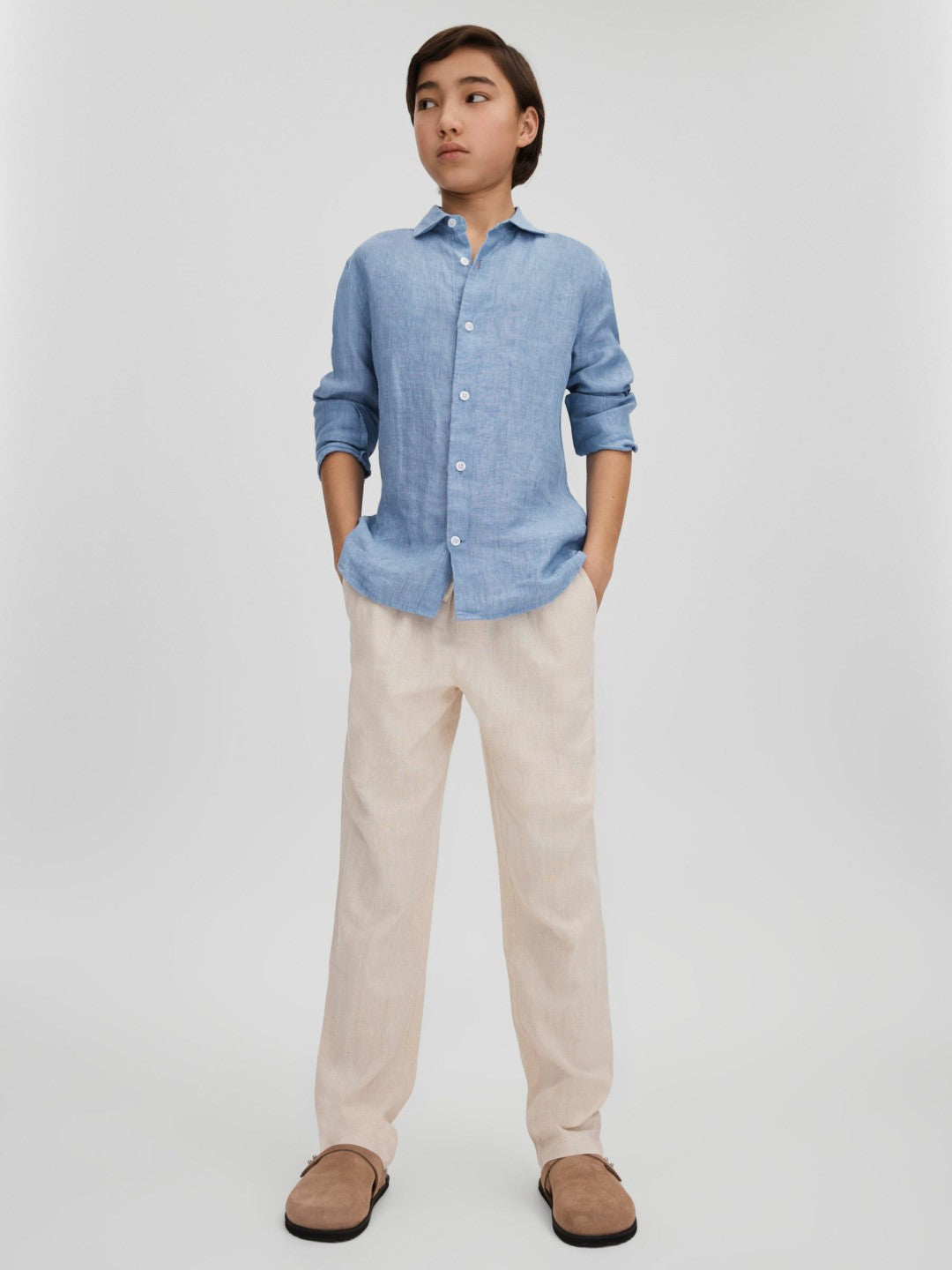 3-9 yrs Striped Linen Cutaway Collar Shirt in Sky Blue Children & Baby | Reiss
