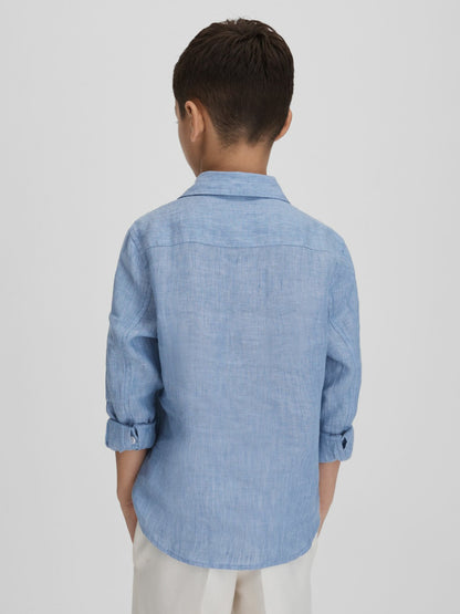 3-9 yrs Striped Linen Cutaway Collar Shirt in Sky Blue Children & Baby | Reiss