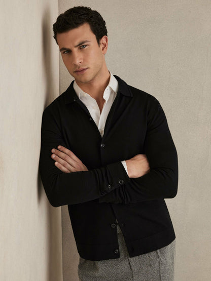 Merino Wool Button-Through Cardigan in Black Men | Reiss