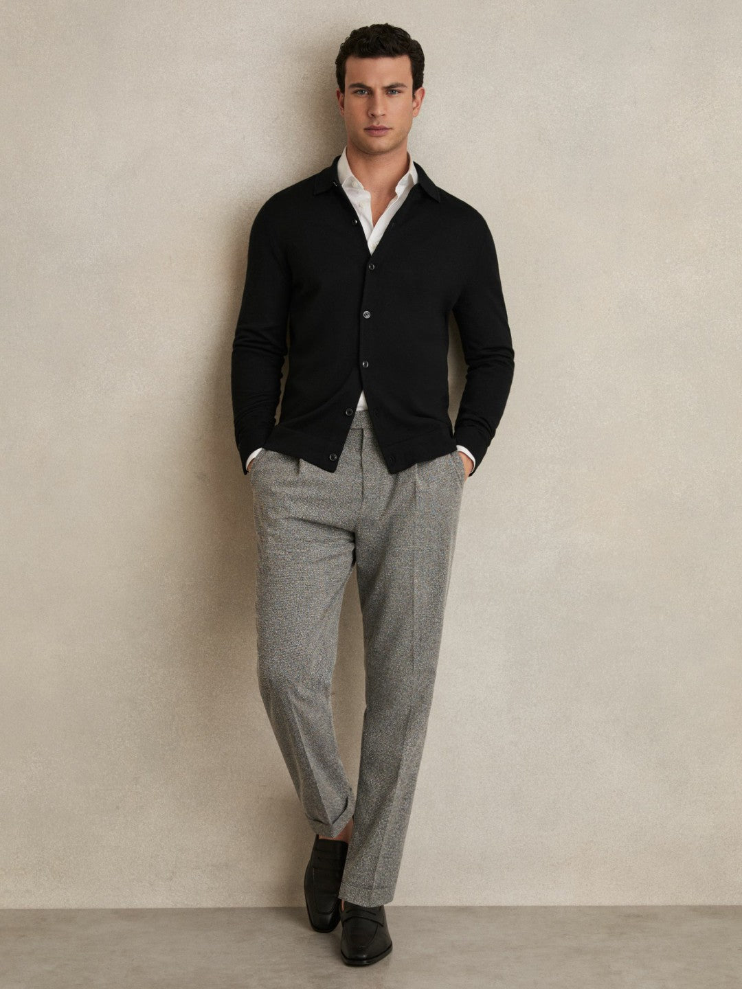 Merino Wool Button-Through Cardigan in Black Men | Reiss