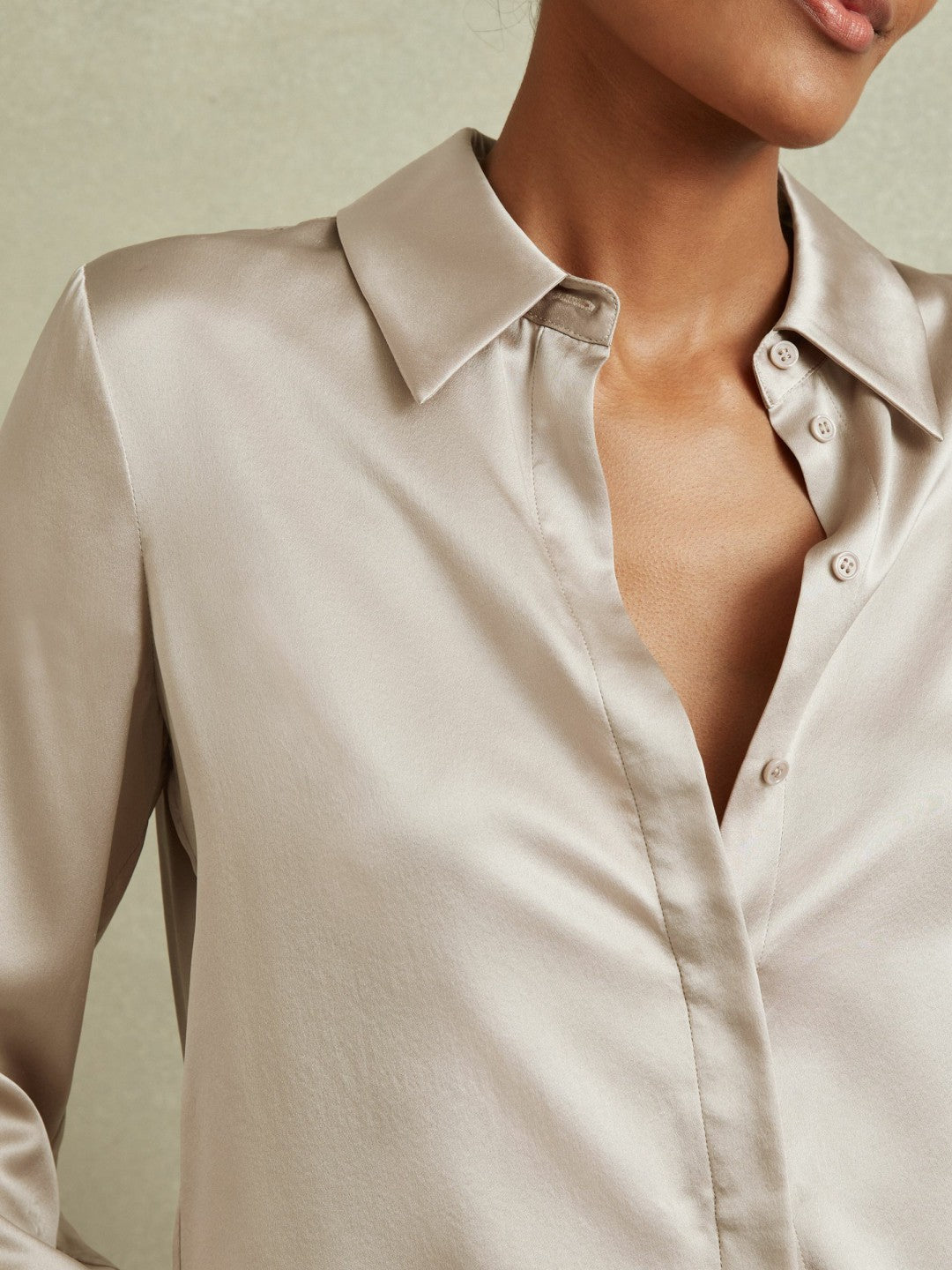 Silk Double-Cuff Button-Through Shirt in Champagne Women | Reiss