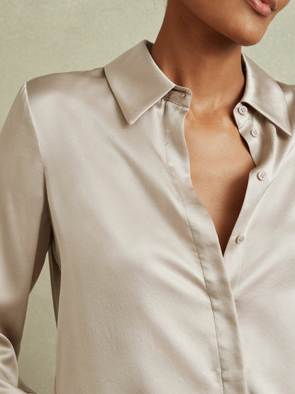 Silk Double-Cuff Button-Through Shirt in Champagne Women | Reiss