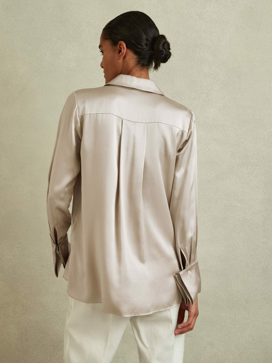 Silk Double-Cuff Button-Through Shirt in Champagne Women | Reiss