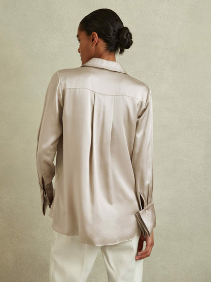Silk Double-Cuff Button-Through Shirt in Champagne Women | Reiss