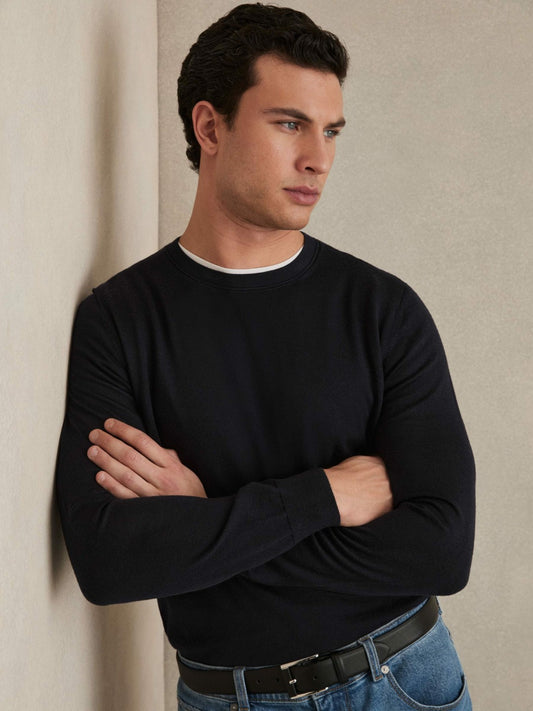Merino Wool Crew Neck Jumper in Navy Men | Reiss
