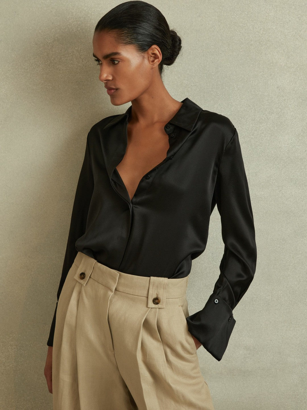 Silk Double-Cuff Button-Through Shirt in Black Women | Reiss