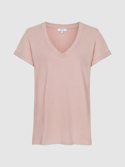 Cotton-Jersey V-Neck T-Shirt in Light Pink Women | Reiss
