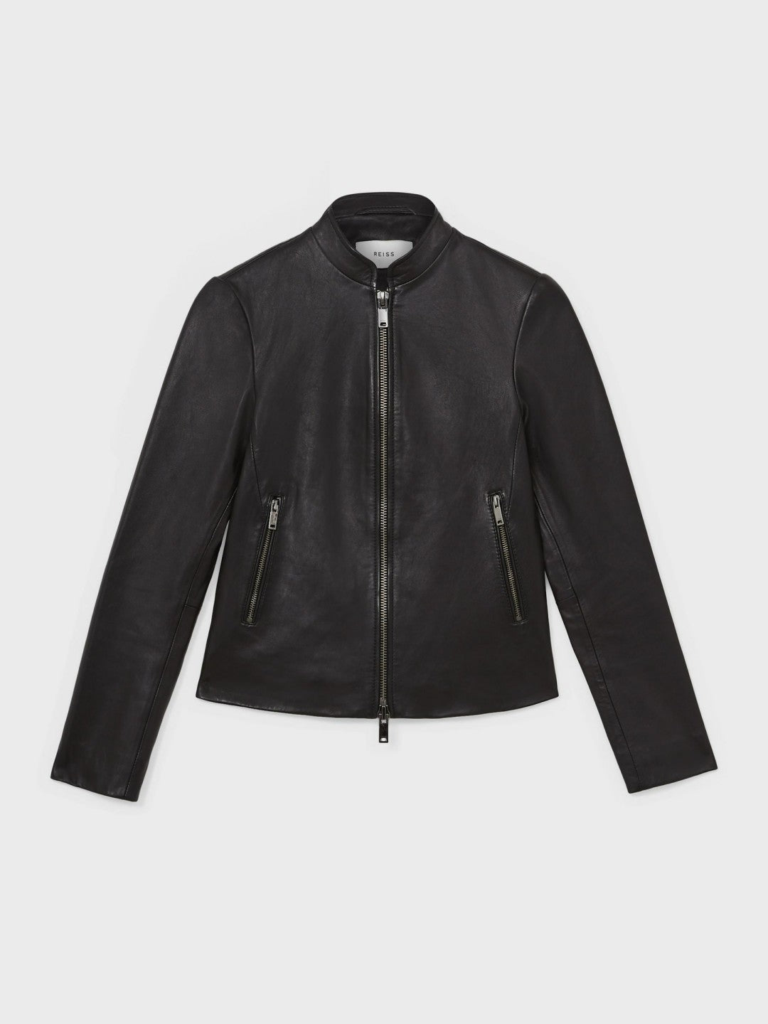 Leather Collarless Biker Jacket in Black Women | Reiss