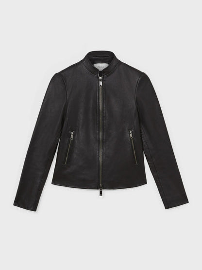 Leather Collarless Biker Jacket in Black Women | Reiss