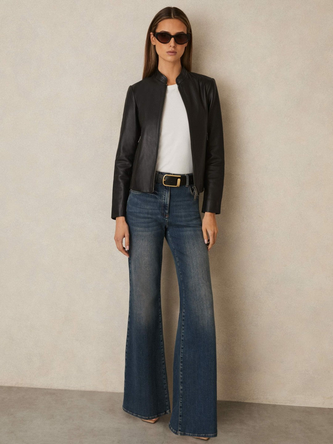 Leather Collarless Biker Jacket in Black Women | Reiss
