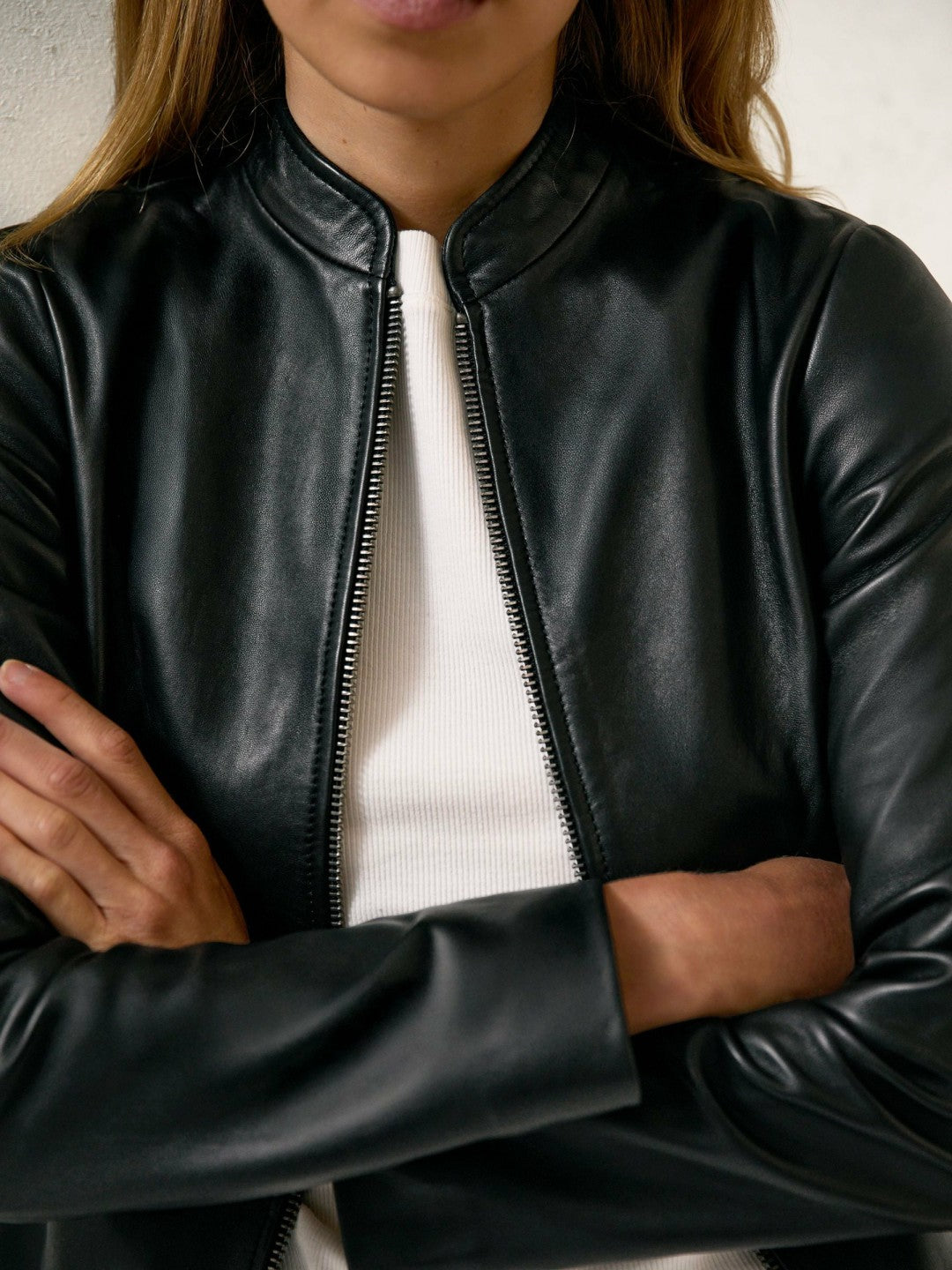 Leather Collarless Biker Jacket in Black Women | Reiss