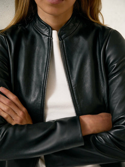 Leather Collarless Biker Jacket in Black Women | Reiss
