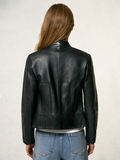 Leather Collarless Biker Jacket in Black Women | Reiss