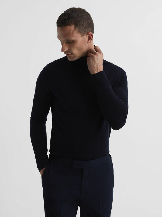 Slim Fit Merino Wool Roll Neck Jumper in Navy Men | Reiss
