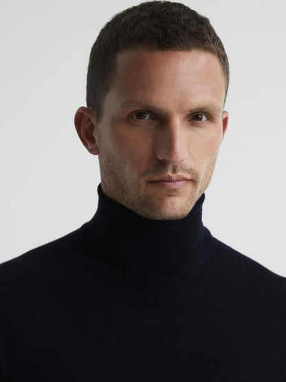 Slim Fit Merino Wool Roll Neck Jumper in Navy Men | Reiss