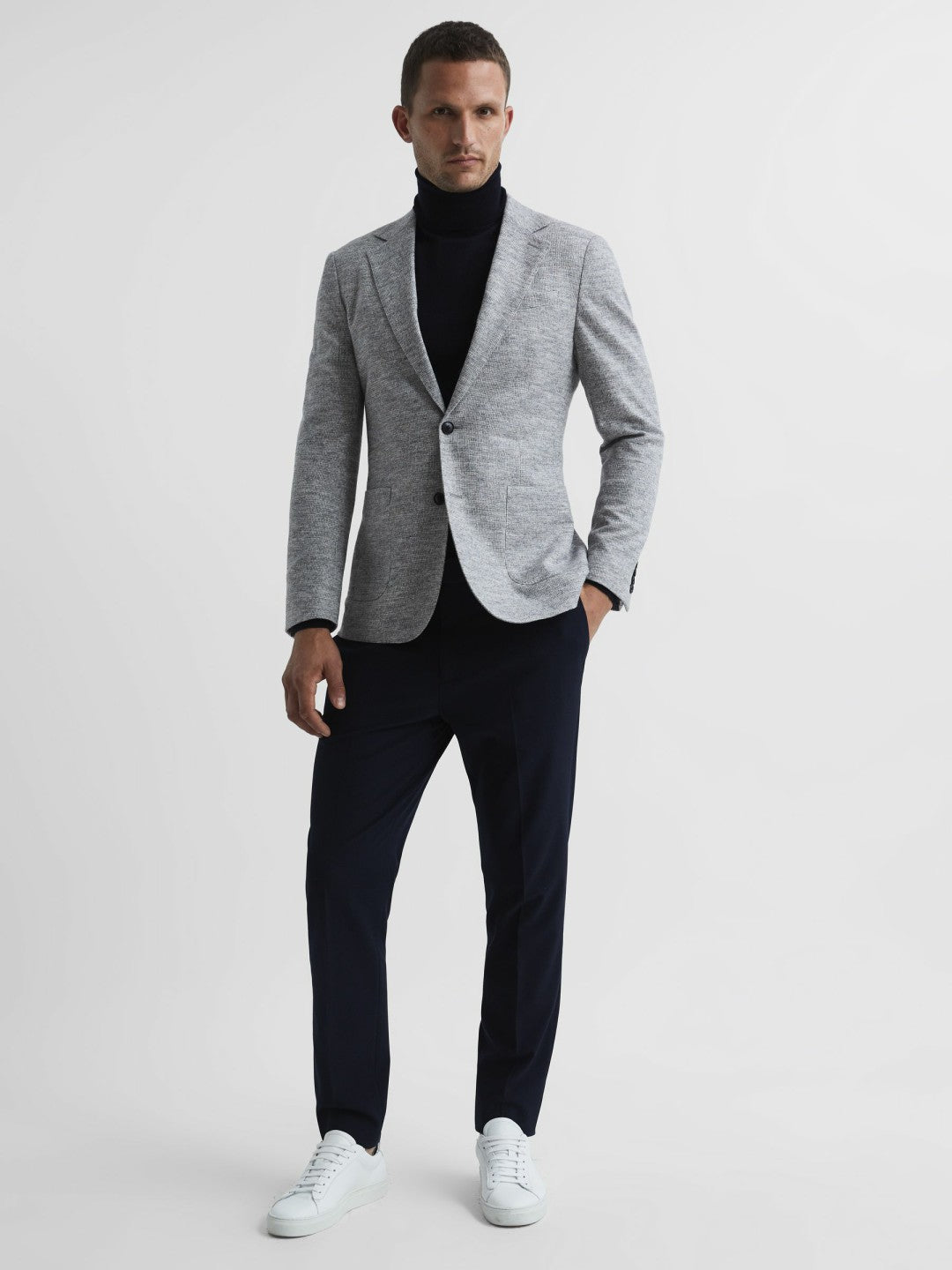 Slim Fit Merino Wool Roll Neck Jumper in Navy Men | Reiss