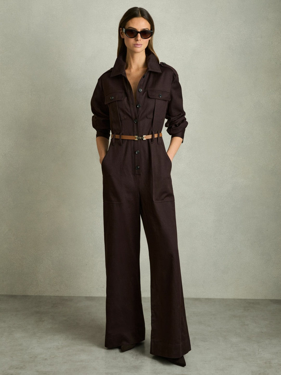 Leather Square Hinge Belt in Tan Women | Reiss
