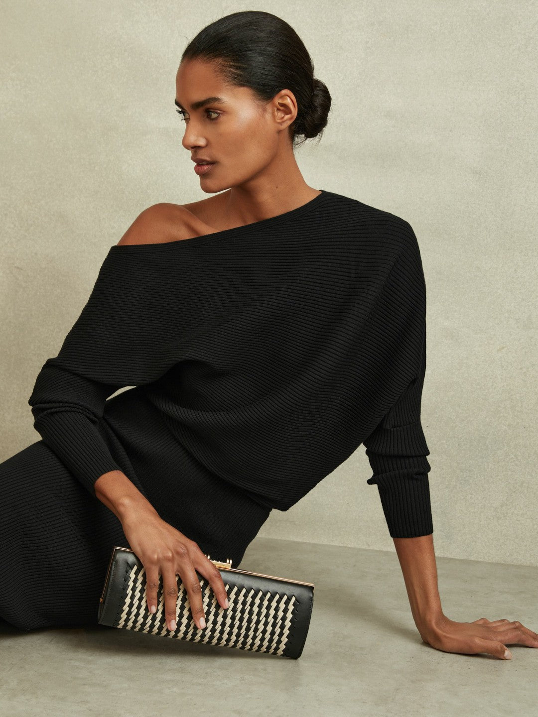 Off-The-Shoulder Ribbed Midi Dress in Black Women | Reiss