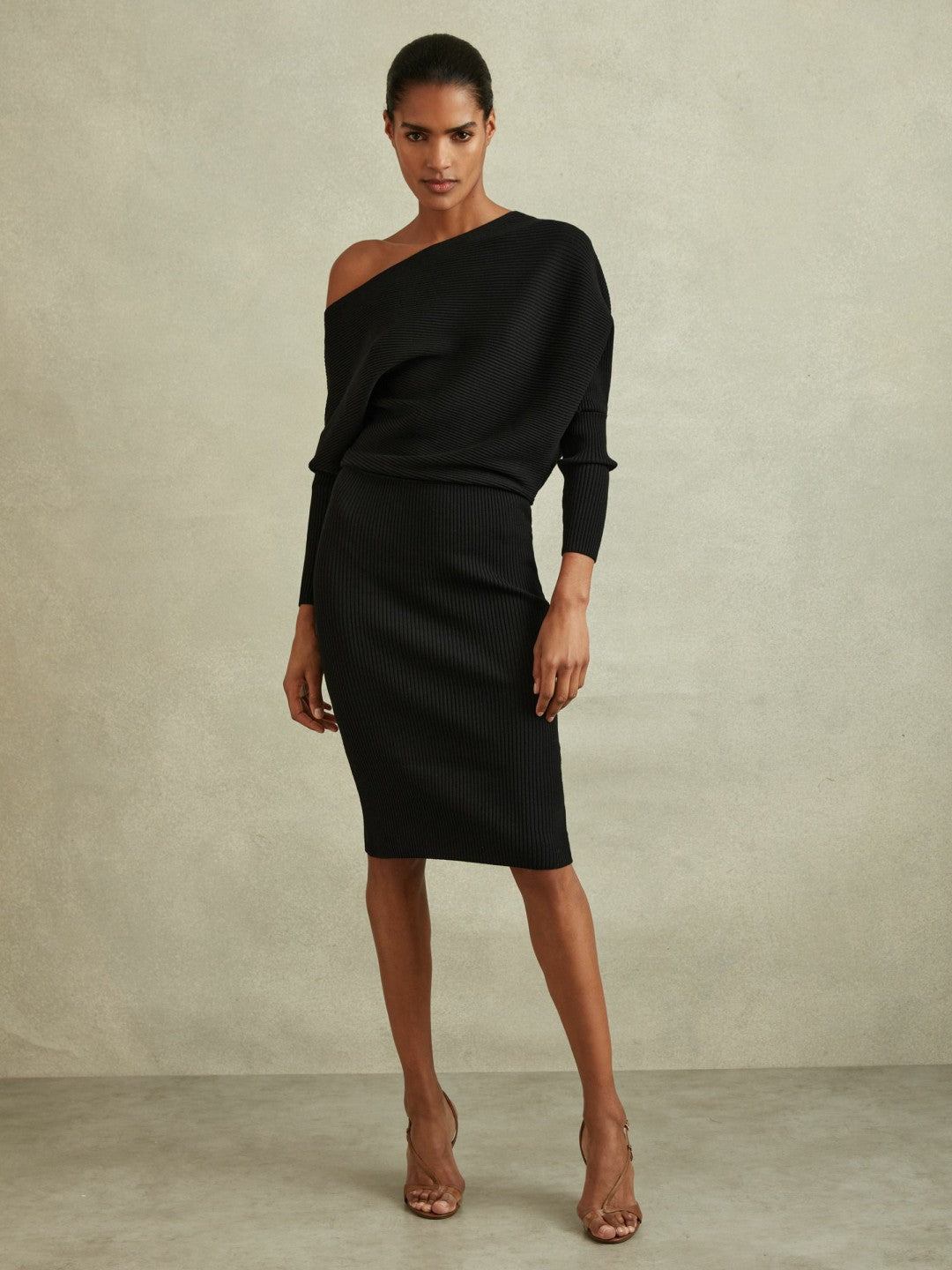 Off-The-Shoulder Ribbed Midi Dress in Black Women | Reiss
