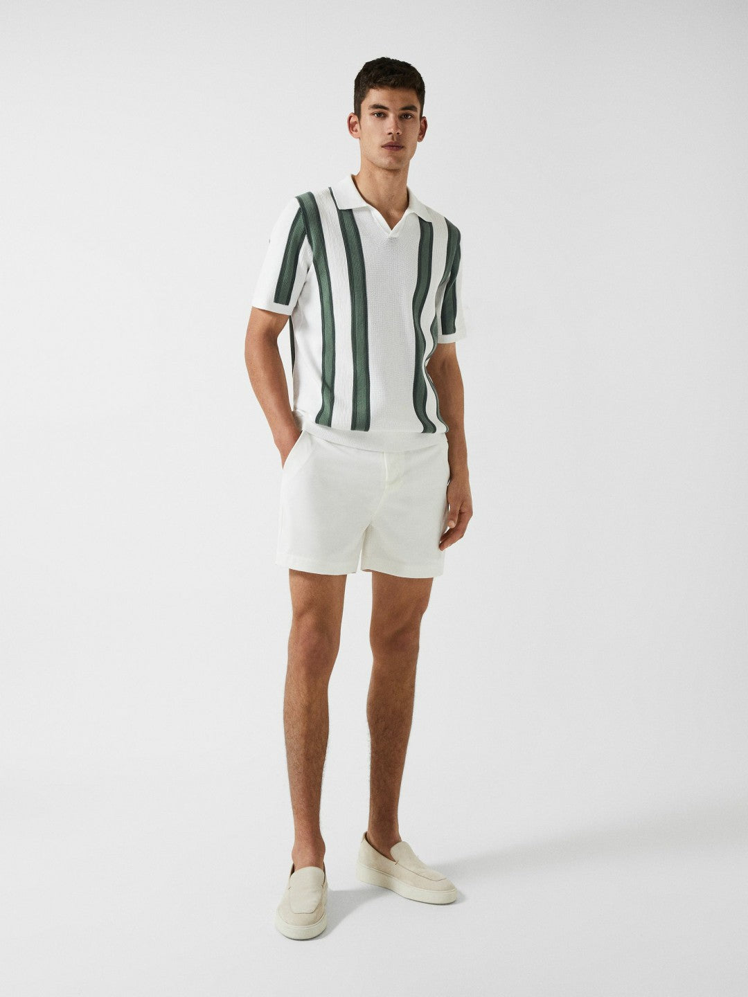 Open Collar Striped Polo T-Shirt in White/Sage Men | Reiss
