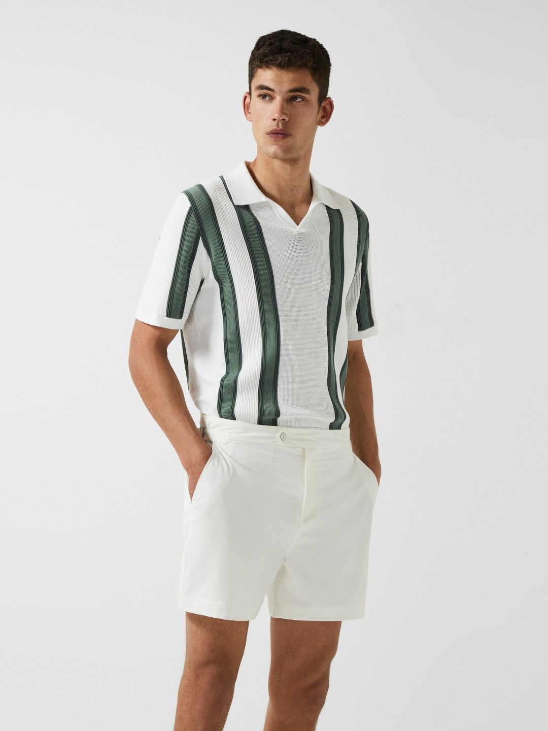 Open Collar Striped Polo T-Shirt in White/Sage Men | Reiss