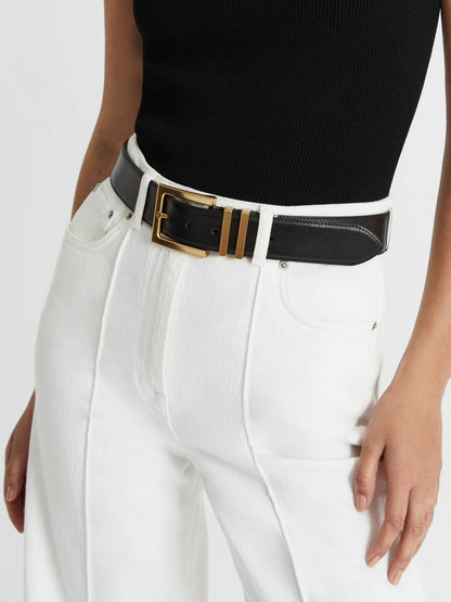 Leather Square Buckle Belt in Black Women | Reiss