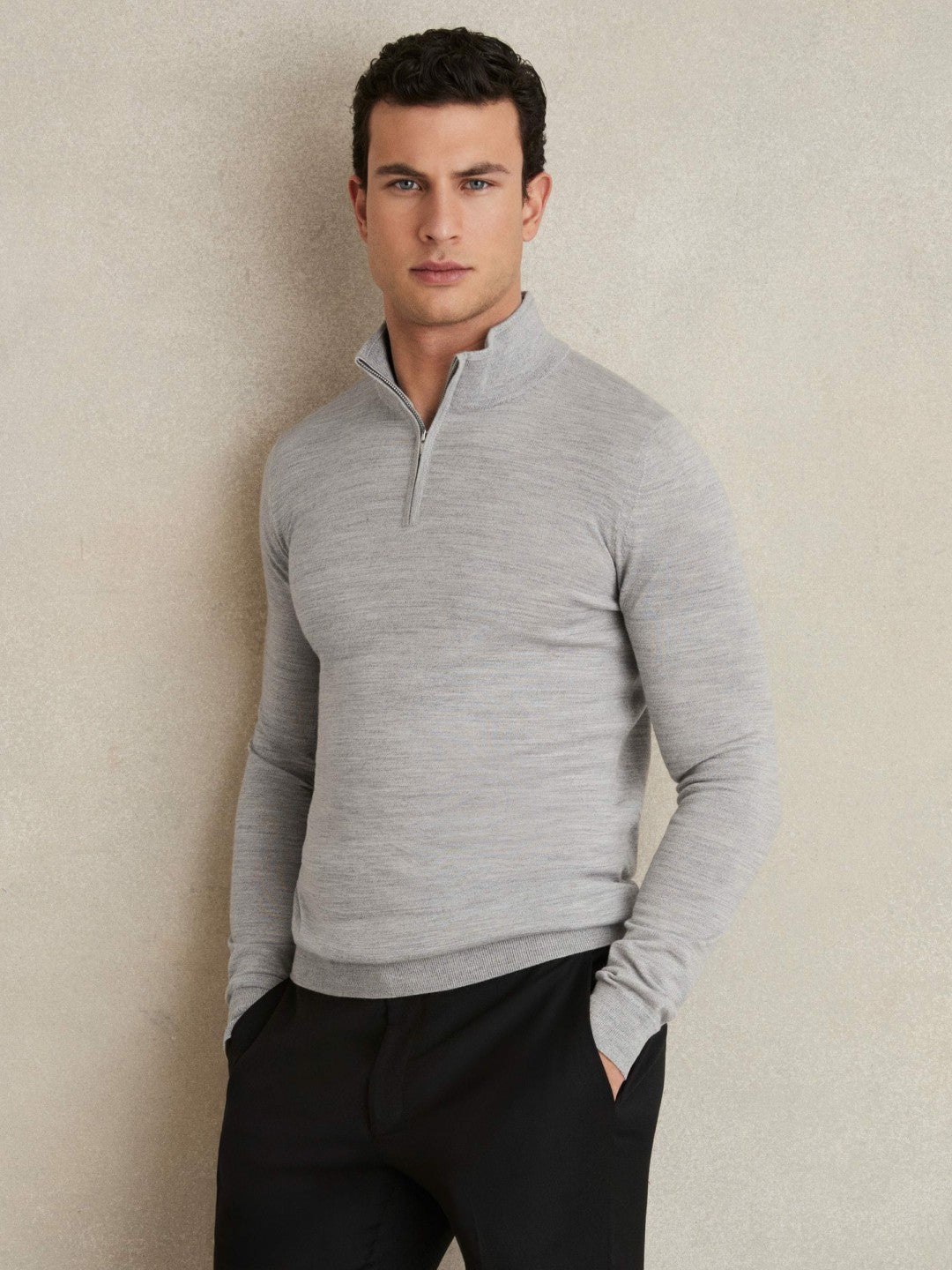 Merino Wool Half-Zip Jumper in Soft Grey Mouline Men | Reiss