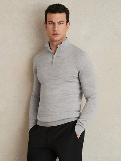 Merino Wool Half-Zip Jumper in Soft Grey Mouline Men | Reiss