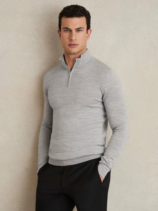 Merino Wool Half-Zip Jumper in Soft Grey Mouline Men | Reiss