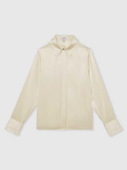 Silk-Satin Concealed-Placket Shirt in Ivory Women | Reiss