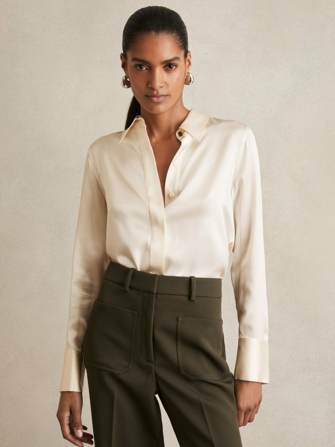 Silk-Satin Concealed-Placket Shirt in Ivory Women | Reiss