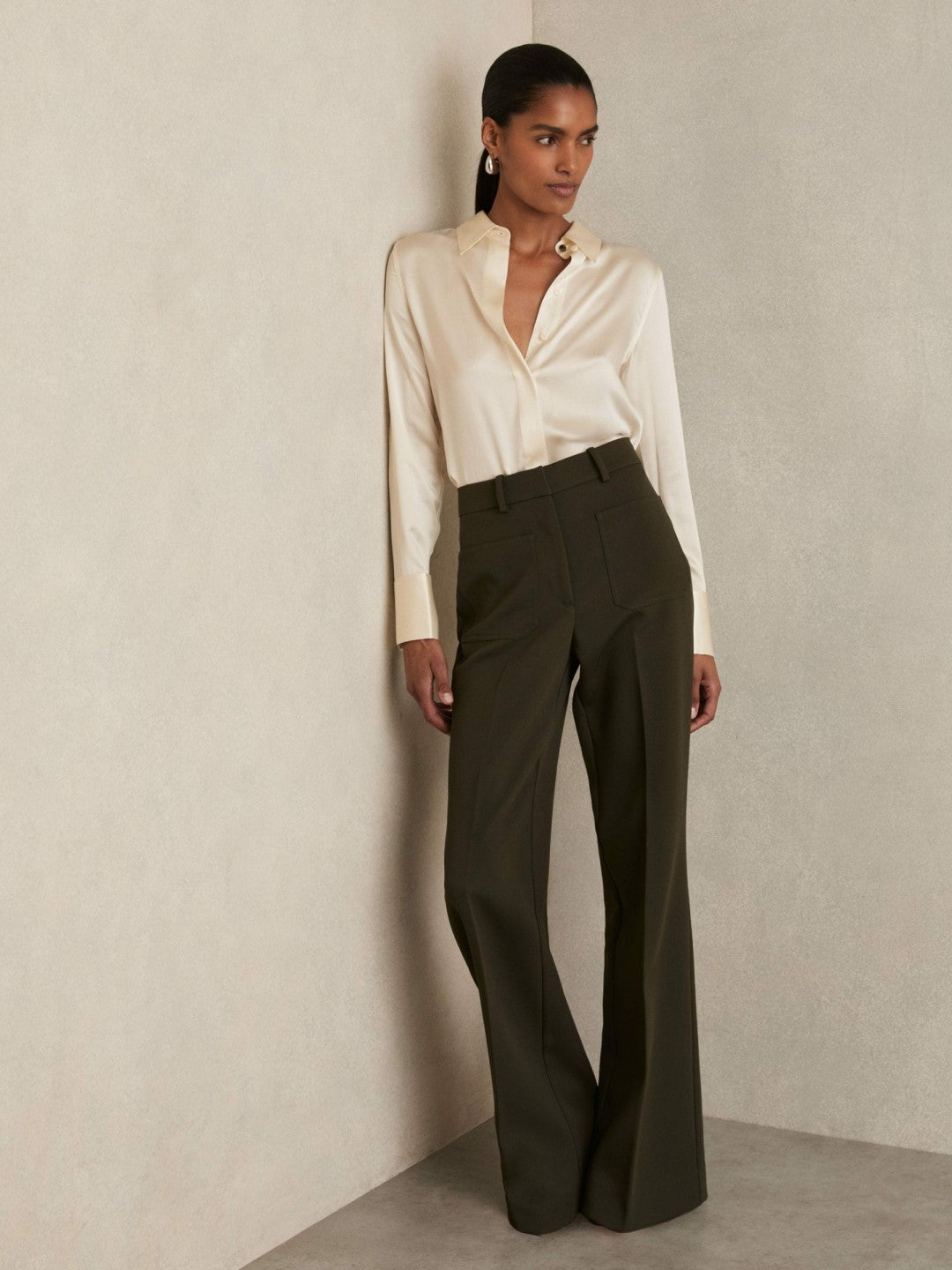 Silk-Satin Concealed-Placket Shirt in Ivory Women | Reiss