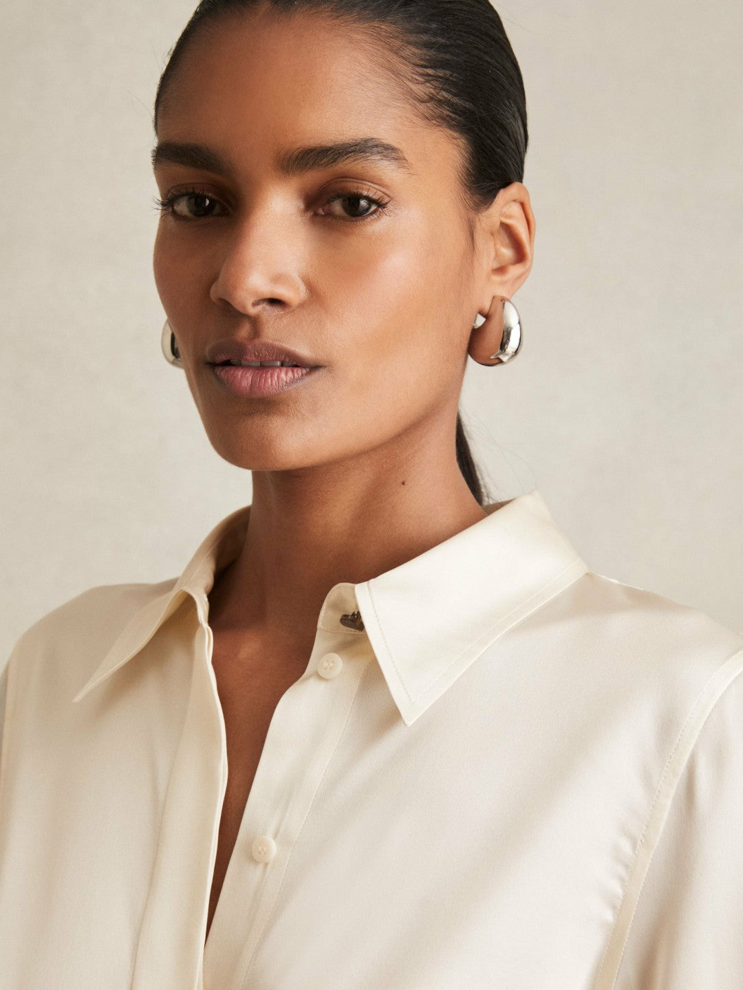 Silk-Satin Concealed-Placket Shirt in Ivory Women | Reiss