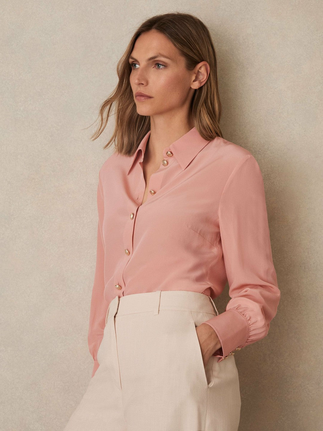 Silk Embossed-Button Shirt in Pink Women | Reiss