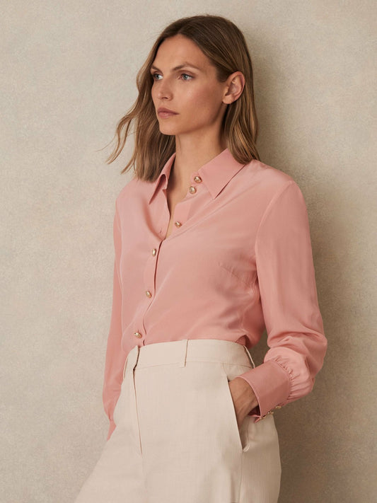 Silk Embossed-Button Shirt in Pink Women | Reiss