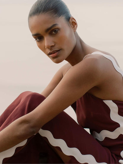 Wave-Trim Crepe Midi Dress in Burgundy Women | Reiss