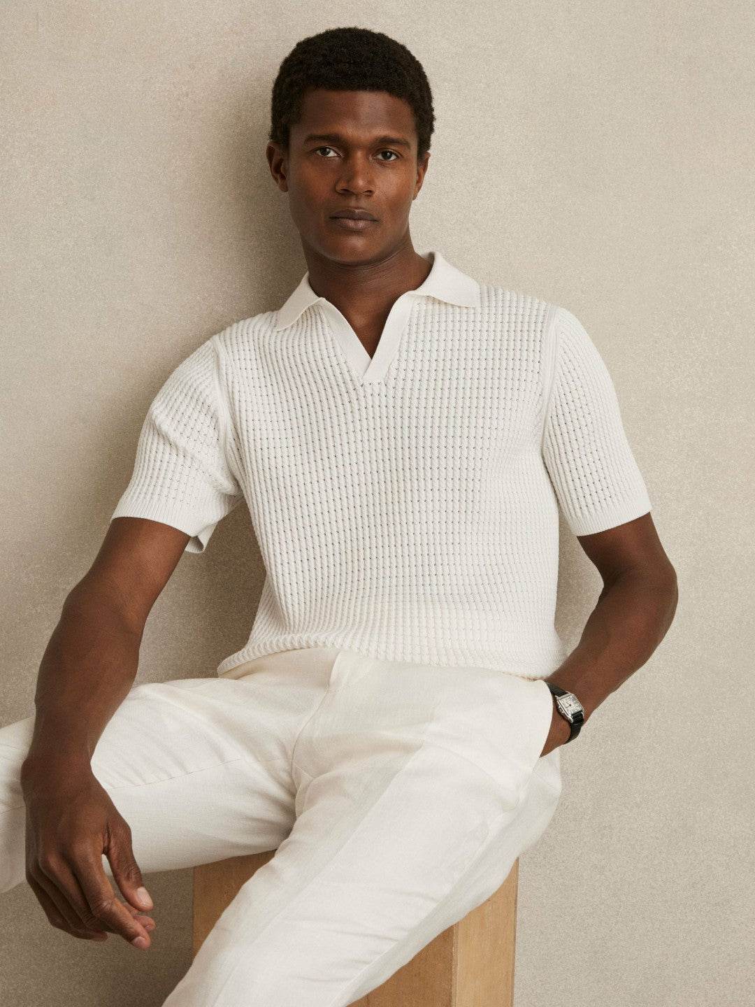 Micro-Cable Open-Collar Cotton-Blend Shirt in White Men | Reiss