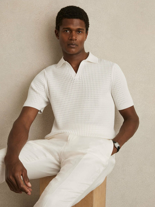 Micro-Cable Open-Collar Cotton-Blend Shirt in White Men | Reiss