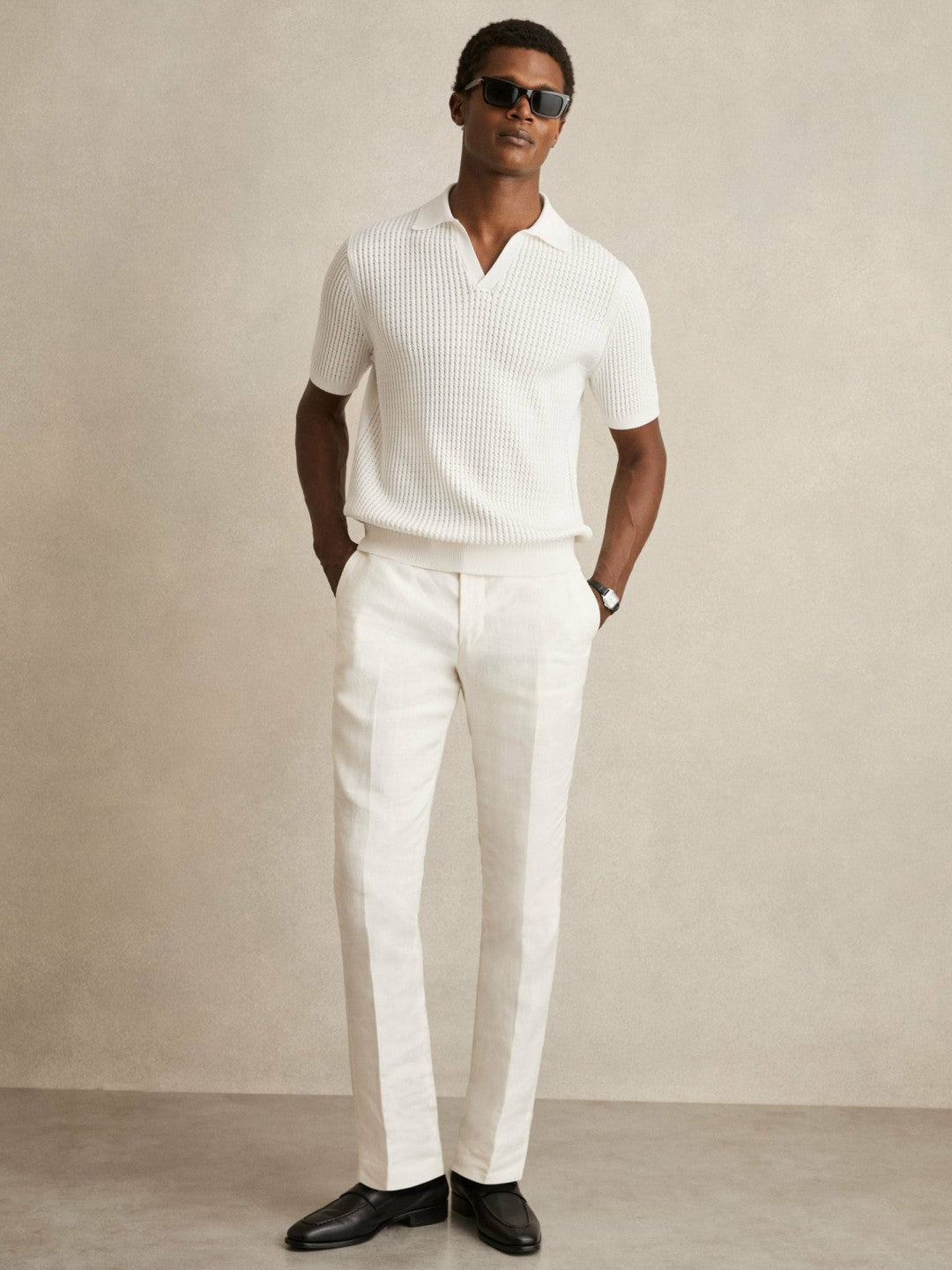 Micro-Cable Open-Collar Cotton-Blend Shirt in White Men | Reiss