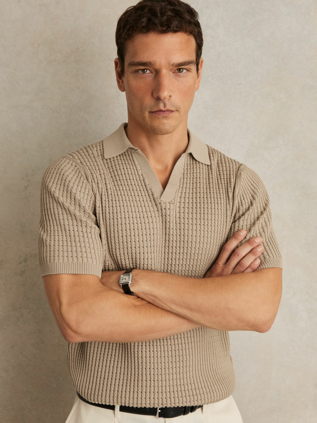 Micro-Cable Open-Collar Cotton-Blend Shirt in Light Camel Brown Men | Reiss