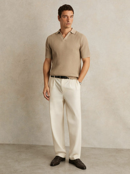 Micro-Cable Open-Collar Cotton-Blend Shirt in Light Camel Brown Men | Reiss