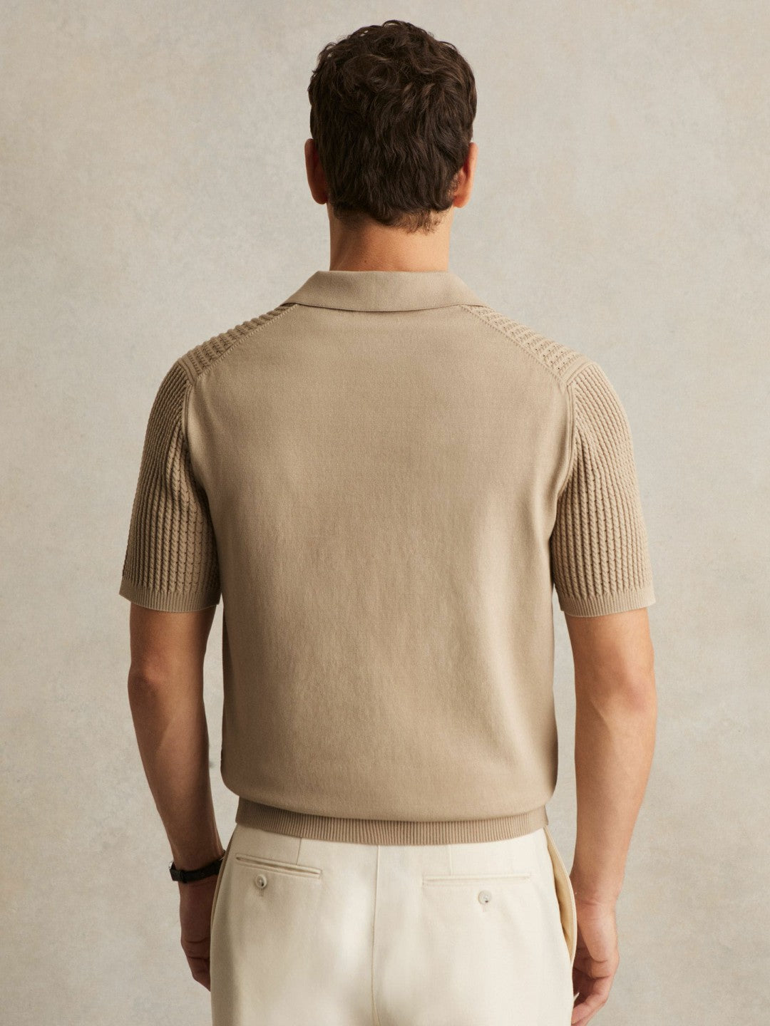 Micro-Cable Open-Collar Cotton-Blend Shirt in Light Camel Brown Men | Reiss