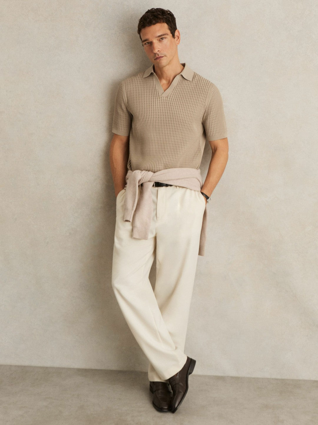 Micro-Cable Open-Collar Cotton-Blend Shirt in Light Camel Brown Men | Reiss
