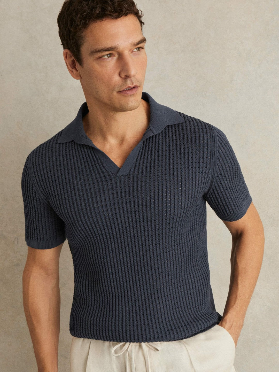 Micro-Cable Open-Collar Cotton-Blend Shirt in Dark Airforce Blue Men | Reiss