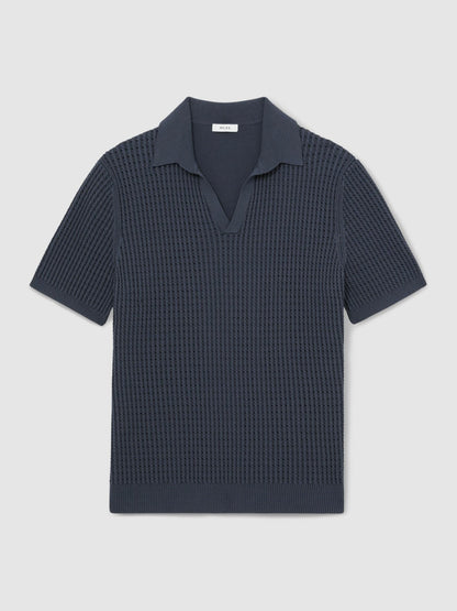 Micro-Cable Open-Collar Cotton-Blend Shirt in Dark Airforce Blue Men | Reiss