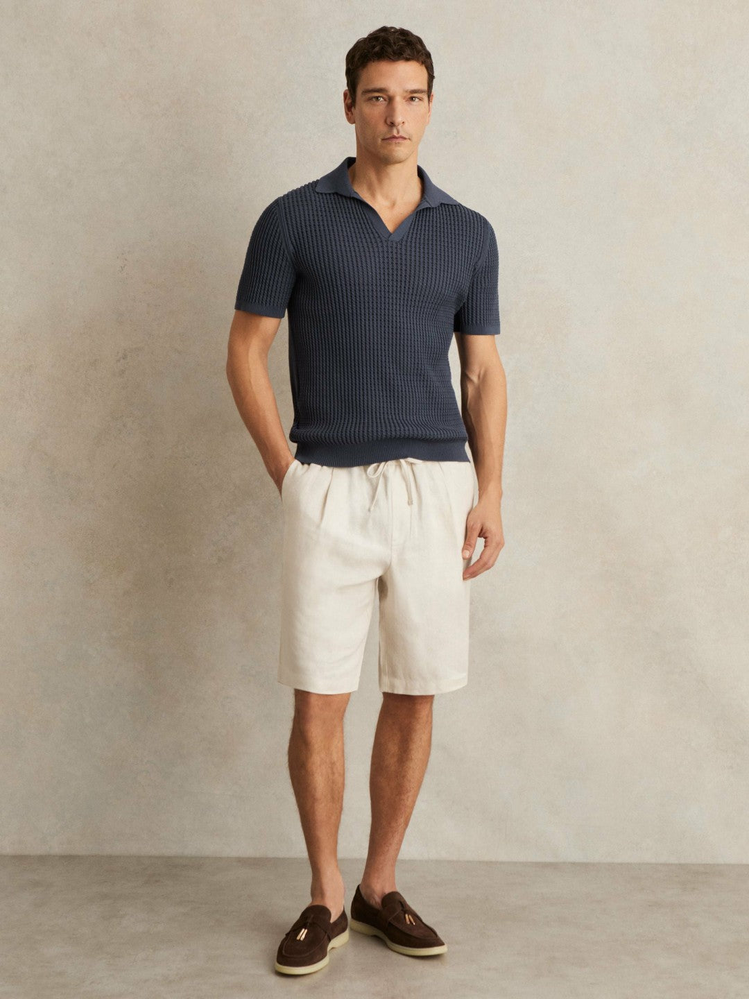 Micro-Cable Open-Collar Cotton-Blend Shirt in Dark Airforce Blue Men | Reiss