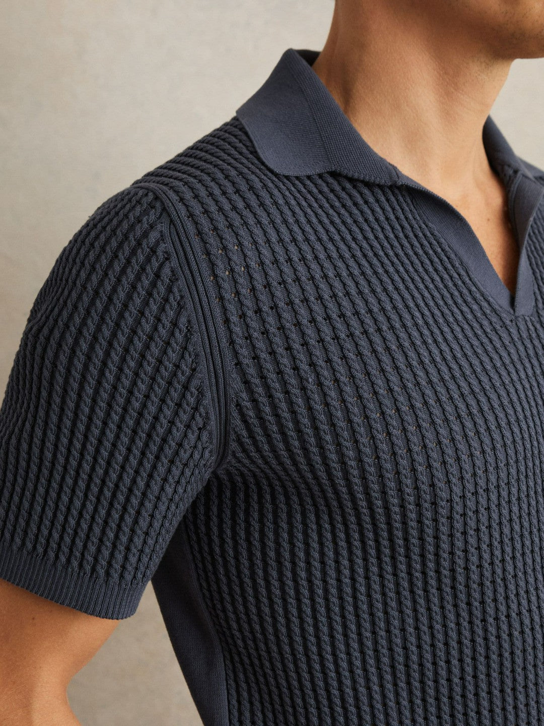 Micro-Cable Open-Collar Cotton-Blend Shirt in Dark Airforce Blue Men | Reiss