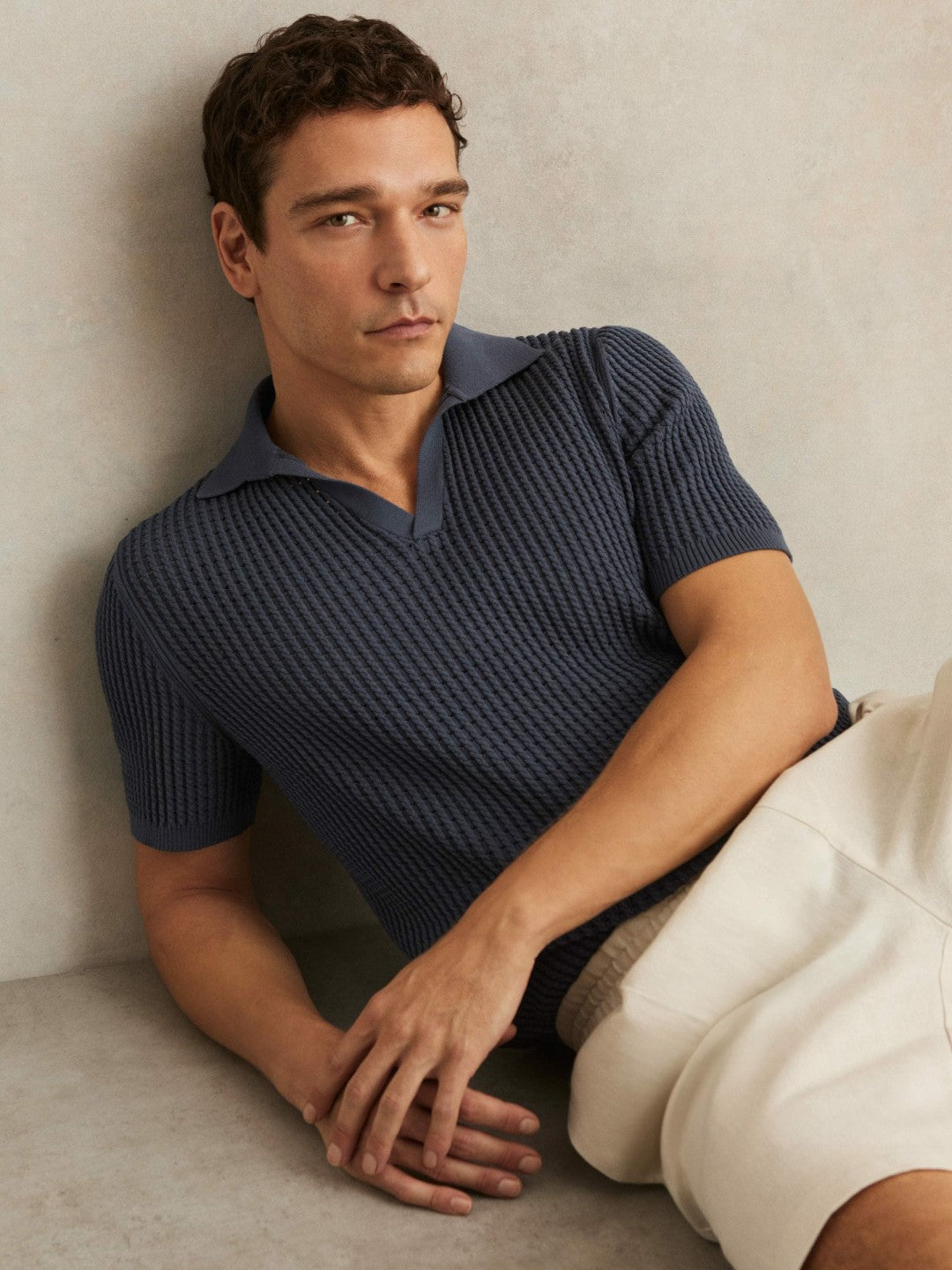 Micro-Cable Open-Collar Cotton-Blend Shirt in Dark Airforce Blue Men | Reiss